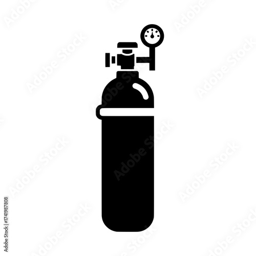 Oxygen tank with pressure gauge black and white illustration.