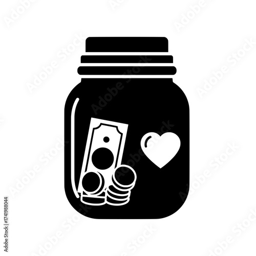 Donation jar with money and heart symbol charity and giving concept.