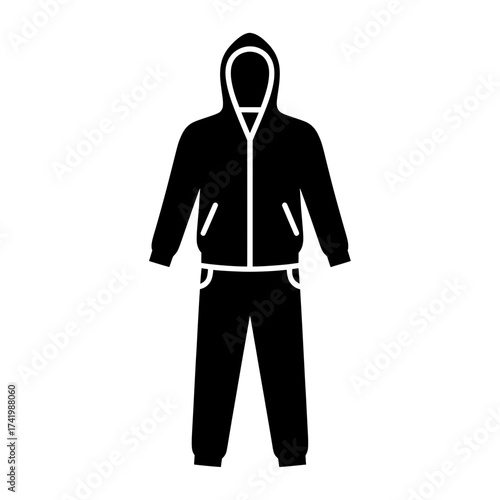 Black tracksuit with a hood and pockets perfect for sports and casual wear.