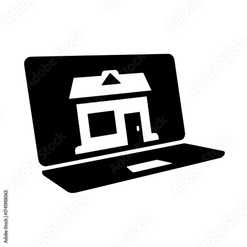 Laptop screen displaying a house icon representing online real estate.
