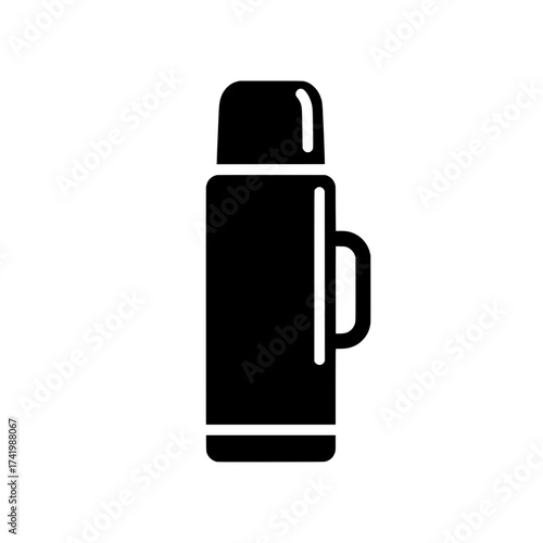 Black thermos flask with handle and lid for hot drinks.