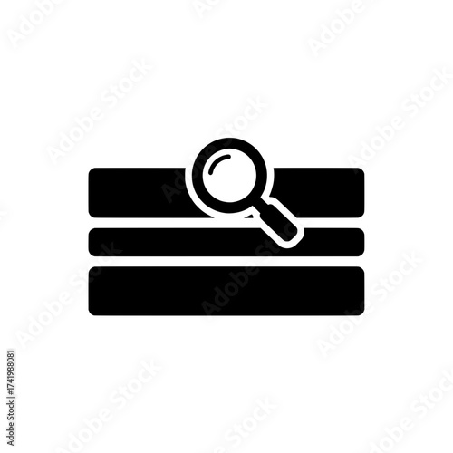 Magnifying glass over three horizontal rectangles representing data search.