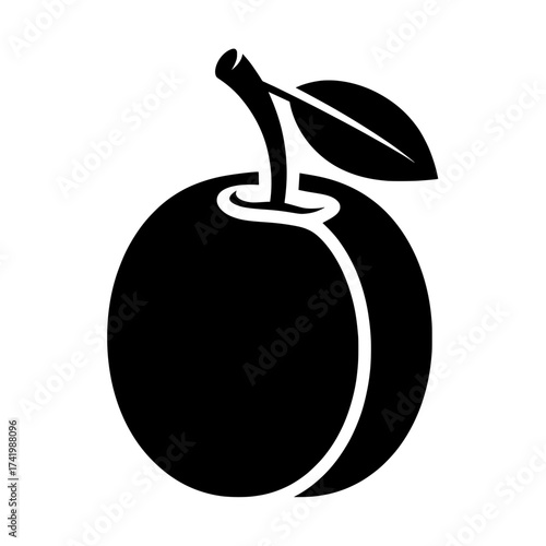 Black and white illustration of a plum fruit with a leaf and stem.