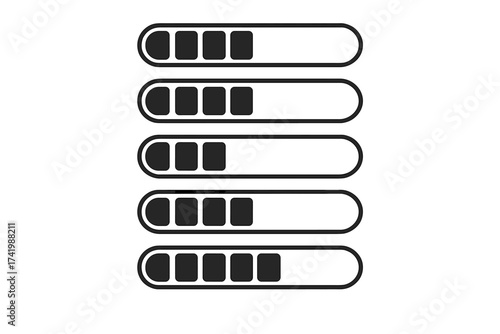 Progress bar set. Loading bar icon collection. UI UX web design element. Download, upload, buffering status indicator. Vector illustration isolated on white background. Simple.