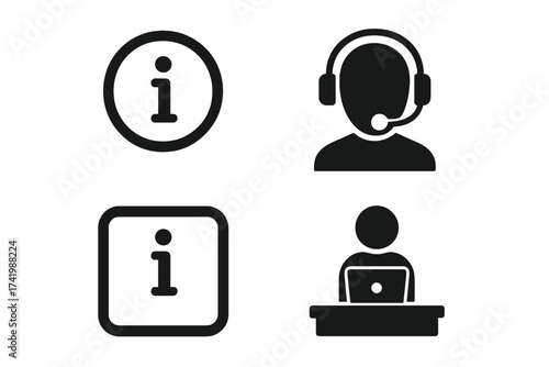 Help desk and customer service icon set. Info point sign, call center agent with headset. Support operator at desk with laptop. Vector symbol collection for FAQ and contact.