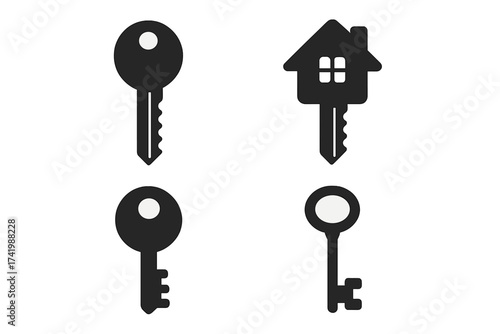 Key icon set for security and access. Vector illustration of house key, door key, and old key silhouettes. Real estate, home ownership, and property concepts for design.
