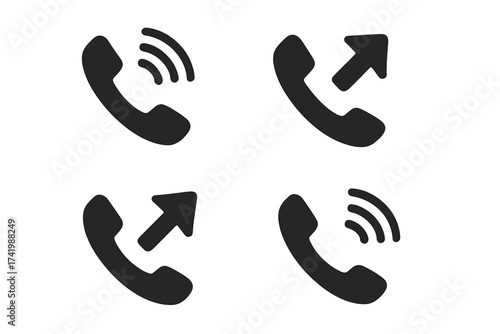 Phone call icon set for web and mobile. Incoming, outgoing call symbols. Vector pictogram for contact, support, communication. Telephone handset ringing, dialing signs. UI element.