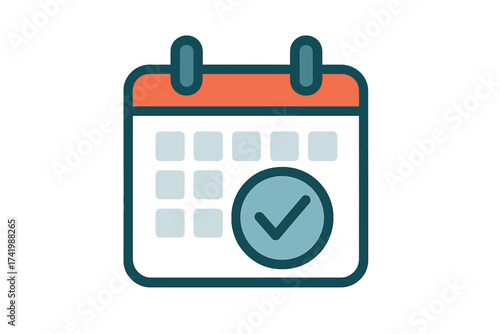 Calendar icon with check mark. Schedule, appointment, event, or due date symbol. Confirmed, approved, saved, or completed task. Vector illustration for planning and organizing.
