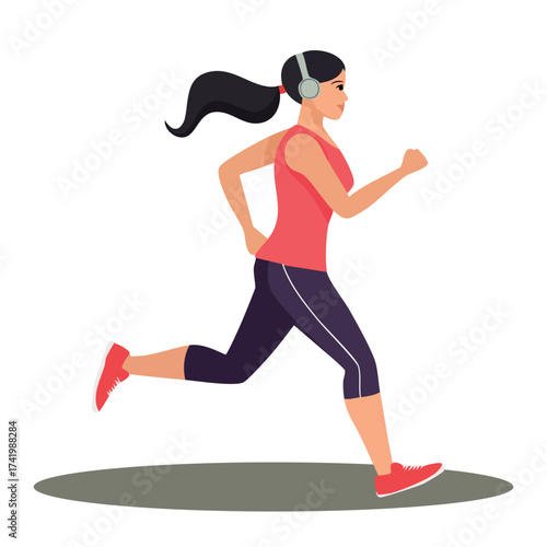 A women jogging with sporty wear and headphone. A cartoon vector illustration for sport, health and women topic. Running competition or for work out routines. Diet and calorie burn cardio exercise.