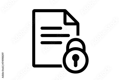 Locked document icon for data security and privacy. Confidential file with padlock symbol. Concept of secret information, access control, and digital data protection. Vector.