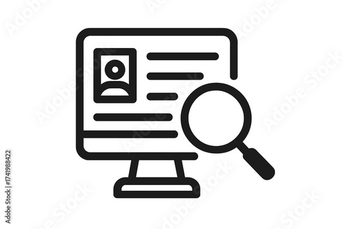 Online job search icon vector, digital hiring concept illustration, job vacancy search symbol with magnifying glass and profile, career finding, recruitment process graphic