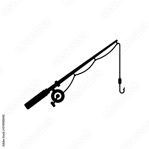 Fishing rod silhouette on white background angling equipment for recreation.
