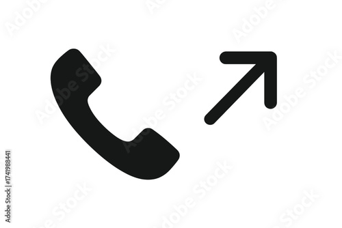Outgoing phone call icon vector illustration, black phone handset with upward arrow, communication call symbol, transparent background, mobile and telephony concept