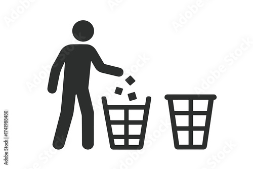 Person throwing garbage in bin icon, waste disposal vector illustration with transparent background, simple silhouette human figure near trash baskets, clean environment concept
