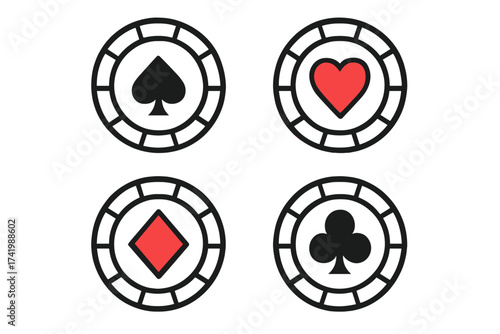 Poker chip icon set with spade, heart, diamond, and club symbols. Casino game tokens vector illustration with transparent background, ordered collection of gambling chips for poker and casino games.