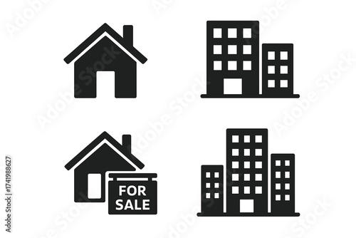 Real Estate Property and Building Vector Icons Set, Home and Apartment Symbols, For Sale House Illustration, Real Estate Market Concept, Black Silhouettes Vector
