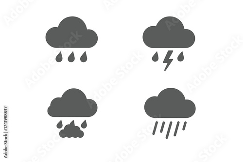 Rain clouds vector icon set with thunderstorm lightning, heavy rain drops, puddle formation and transparent background, ordered weather symbols collection for design
