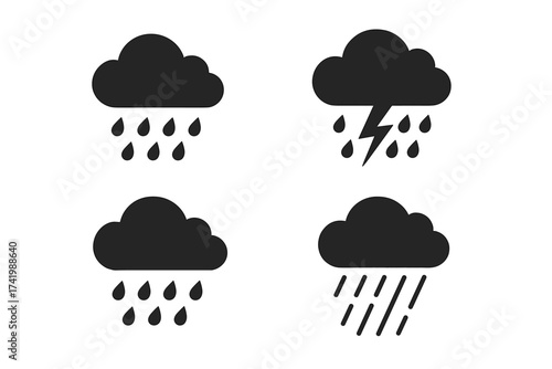 Set of rain cloud vector icons with rain drops and lightning, weather symbols, black silhouette vector illustration with transparent background, storm and rain elements