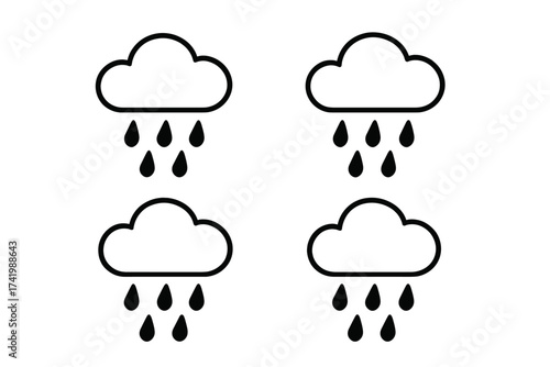 Rain icon set with cloud and raindrops, vector illustration with transparent background, simple weather symbols, ordered set of rain weather icons for design