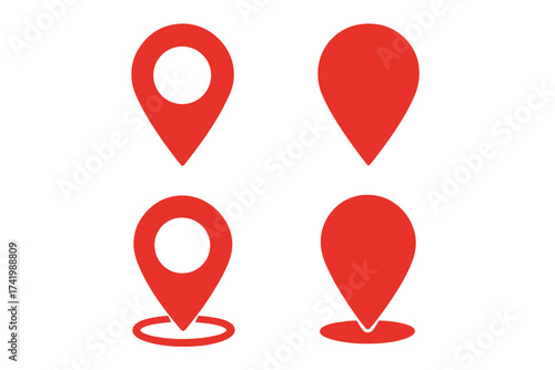 Red Map Pin Location Icons Set, GPS Navigation Markers, Vector Illustration of Modern Location Pointer Symbols with Transparent Background for Maps and Travel Design