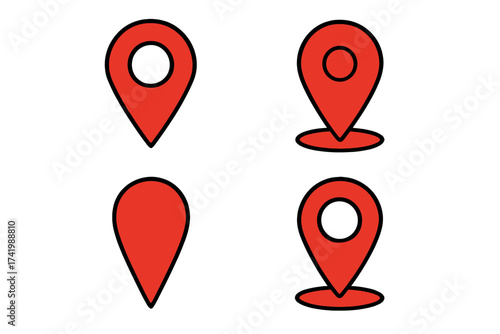 Set of red location map pin icons with transparent background, vector illustration of GPS markers, navigation symbols, geolocation pointers, map markers, travel and direction signs