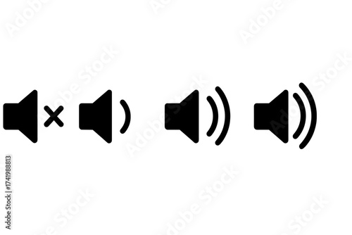 Set of Sound Volume Icons with Mute and Increasing Volume Levels, Vector Illustration, Transparent Background, Ordered Audio Signal Symbols for UI Design and Multimedia
