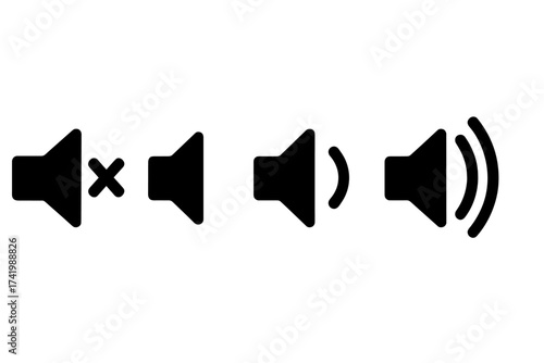 Set of black sound volume icons on white background, vector illustration with transparent background, ordered muted to high volume symbol set for audio interface design