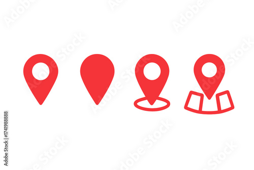 Red location map pin icons set, vector illustration with transparent background, GPS navigation markers, geotag symbols, map pointers, positioning markers, location indicators ordered collection