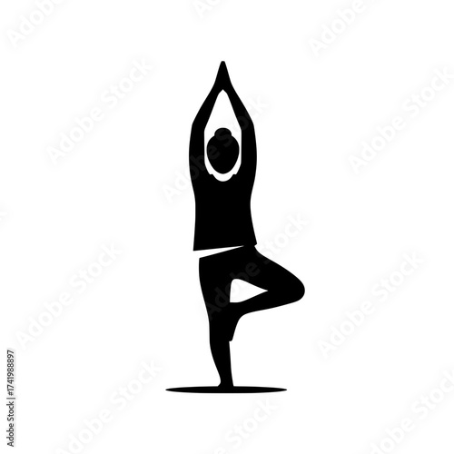 Yoga pose silhouette of a person in a tree pose with hands raised.