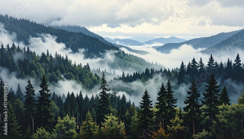 Scenic aerial view of a dense evergreen forest in the mountains, with layers of fog and mist in the valleys