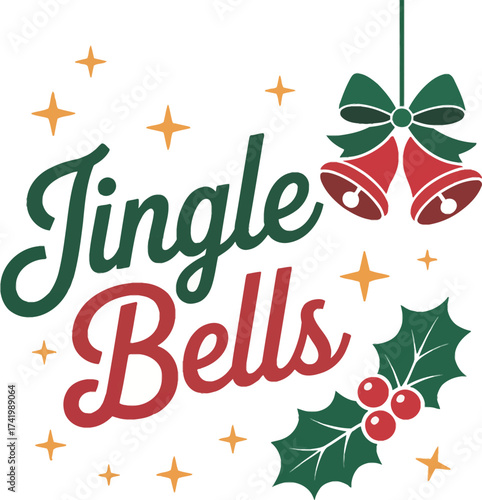 Festive christmas jingle bells with holly and stars on transparent background silhouette