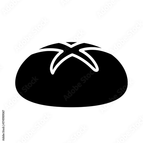 Black and white illustration of a tomato with a starshaped pattern on top.