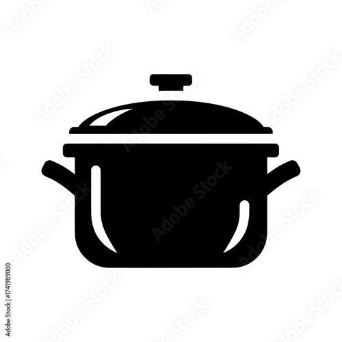 Black cooking pot with lid and handles kitchen utensil for food preparation.