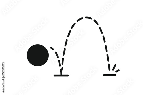 Vector illustration of a bouncing ball with trajectory path on surface, simple black silhouette isolated on transparent background, dynamic motion concept