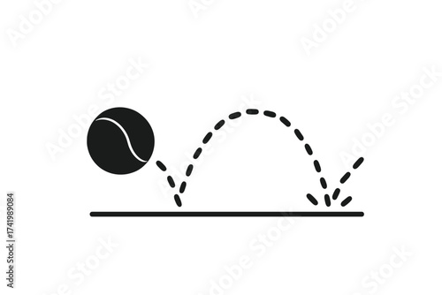 Vector illustration of tennis ball bouncing on surface with dotted motion path, sports motion concept with transparent background, dynamic ball trajectory graphic