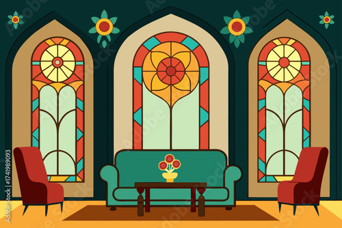 Wallpaper Mural Interior room with stained glass windows and furniture Torontodigital.ca