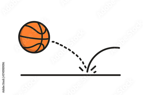 Vector illustration of a bouncing basketball on surface with dynamic motion lines and transparent background, sports ball action, energy and movement concept