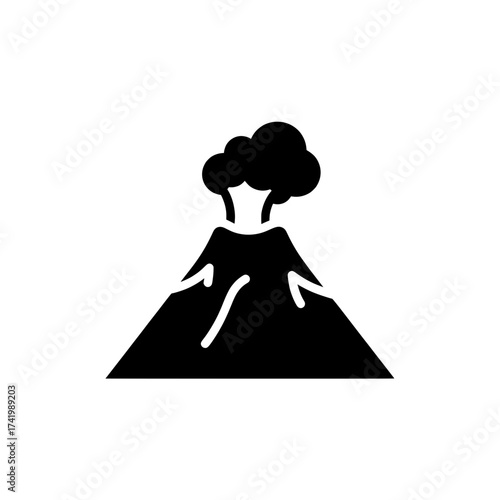 Volcano eruption icon black and white illustration nature concept mountain silhouette.