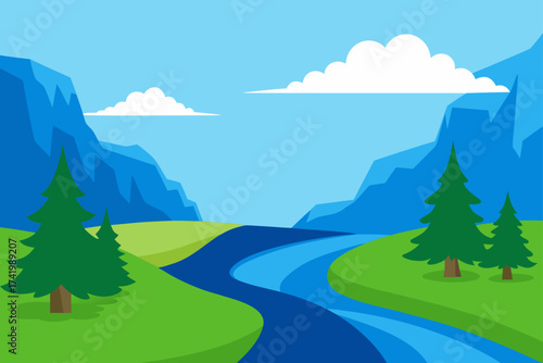 Landscape with river trees clouds and mountains art
