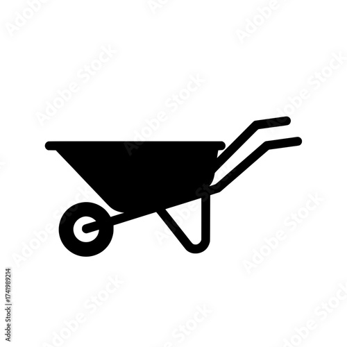 Wheelbarrow icon black and white gardening tool construction equipment isolated.