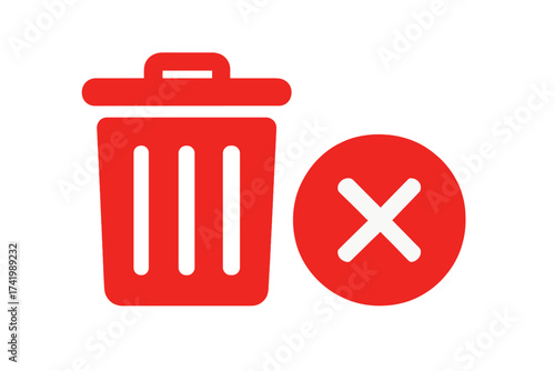 Red trash can and delete icon vector graphic illustration with transparent background, disposal and removal symbol, digital interface button and UI element, modern minimalistic design