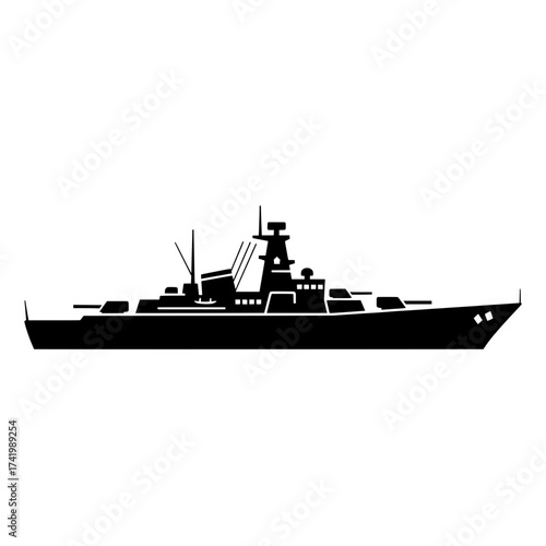 Black silhouette of a warship a naval vessel a military ship a destroyer a cruiser.