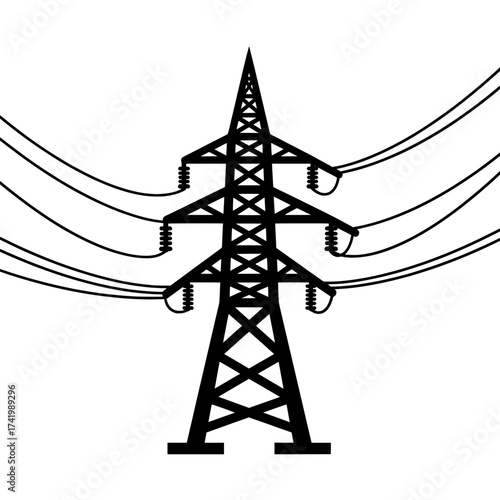 Black silhouette of a power pylon with electrical wires against a white background.