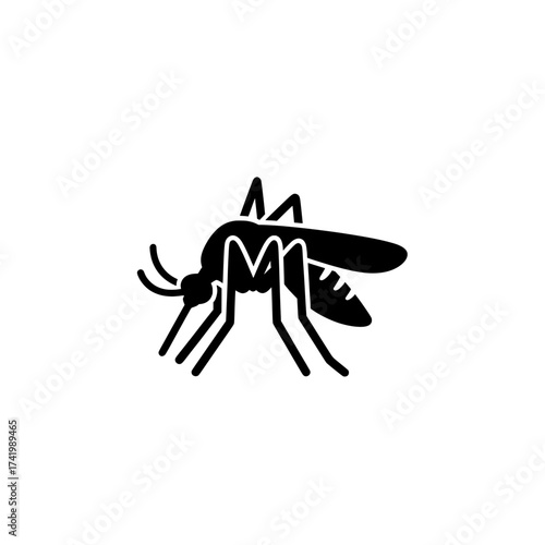 Black and white mosquito insect illustration on white background.