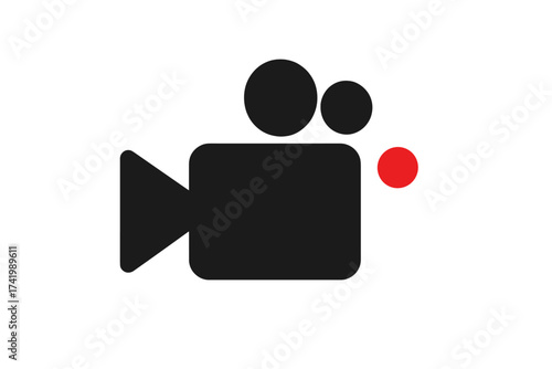 Video camera icon recording symbol. Minimalist black and red movie camera vector illustration. Media production, film shooting, video recording concept. Transparent background.