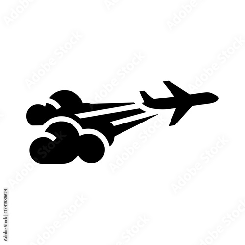 Airplane flying through the air with smoke trails black and white illustration.