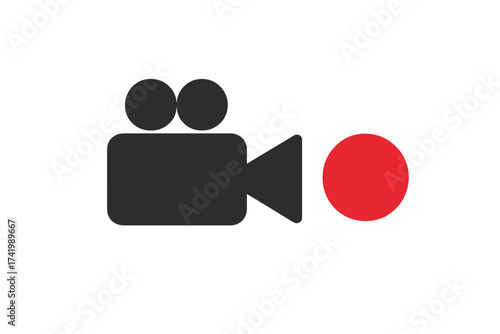 Video camera icon recording symbol, flat vector illustration of black camcorder with red recording button, media device, cinema, film production, streaming, digital video concept