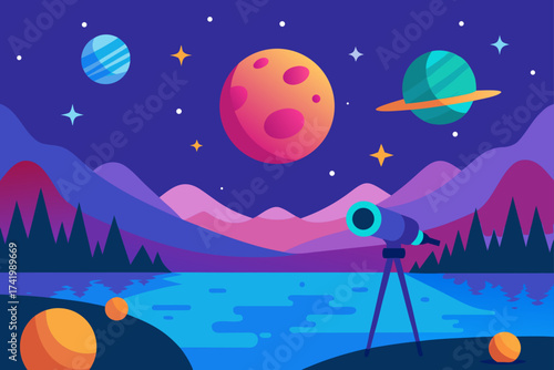 Telescope observing planets and stars in the night