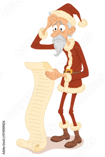 Funny thin Santa Claus with long wish list looking worried before Christmas, humorous festive cartoon character in cozy winter style