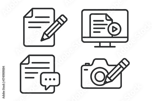 Writing content icons set including blog post, vlog video, article comments, and photo editing symbols, vector illustration with transparent background, digital content creation tools